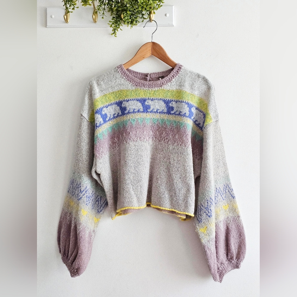 Free People Polar Bear Fair Isle Cropped Sweater Balloon Sleeve Alpaca Blend S
